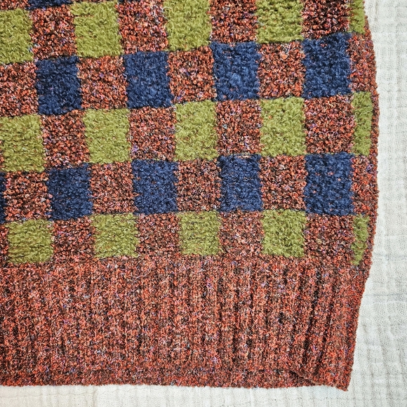 Vintage 70s Checkerboard Boucle Knit Vest Green, Blue, Orange Small - Picture 2 of 11